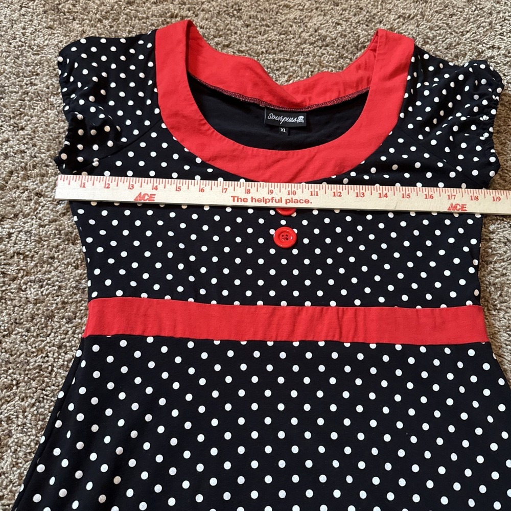 Sourpuss Belki Dress CL Red Black White Polka Dot Stretch Pinup Rockabilly - Picture 4 of 6